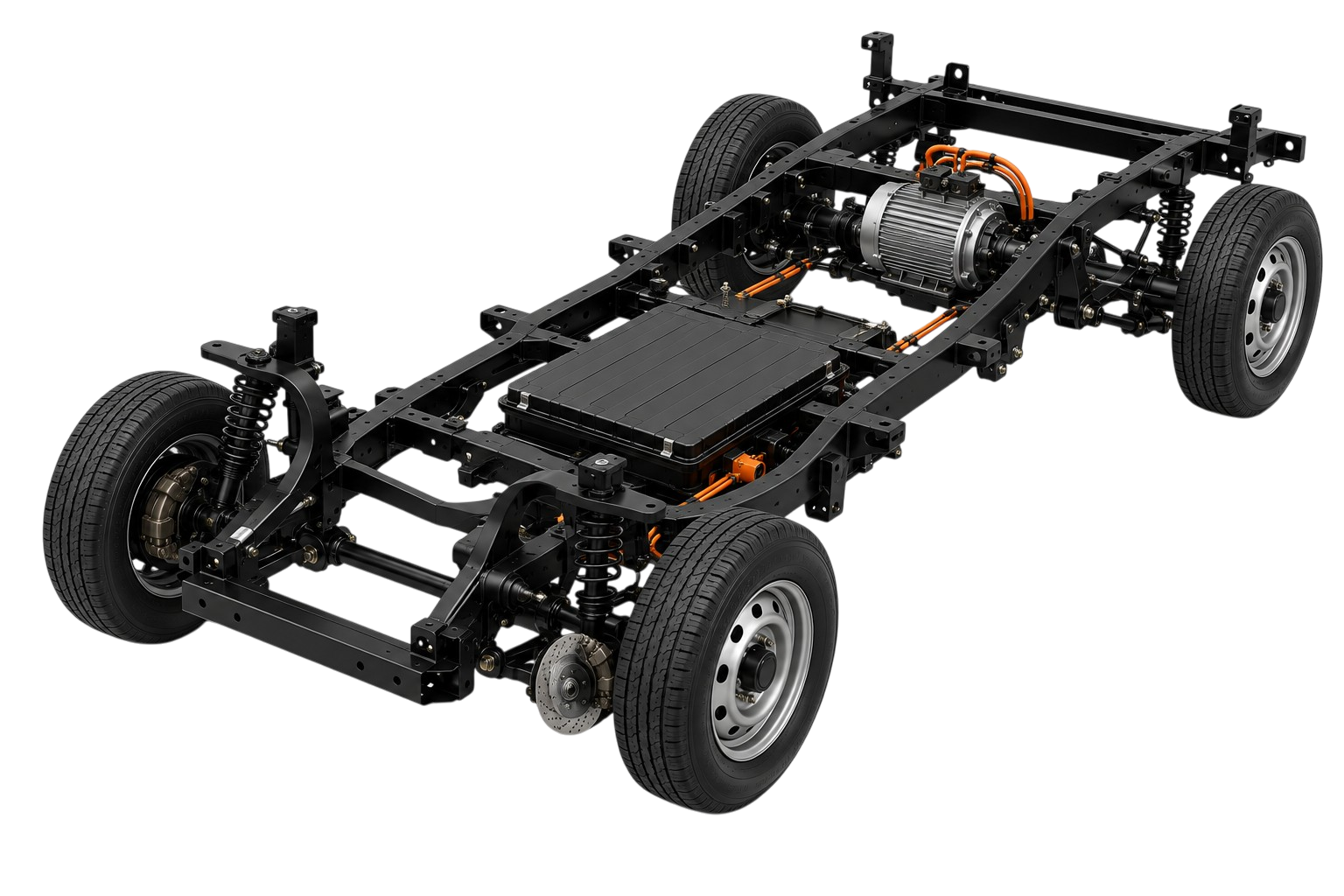 Varun EV chassis — battery, motor, suspension and braking system assembly